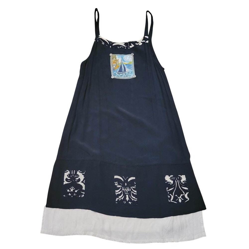 LA Blend L Midi Dress Black Nautical Sailboat Salty Dog Lagenlook Artsy Beach